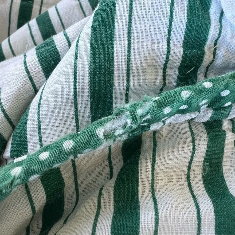 VTG Garden Block Quilt Floral Striped Reversible Hand Sewn Pink Green 82x84 FLAW